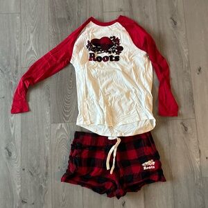 Roots Red and White Raglan Tee with Red Plaid Shorts